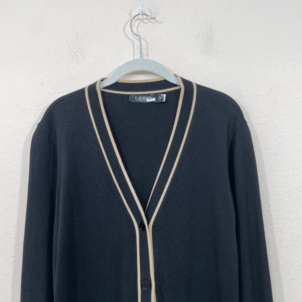 Lauren Ralph Lauren LARGE Long Duster Cardigan Cotton Designer Black Tan Stripe - Picture 5 of 10